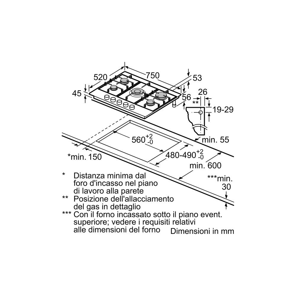 siemens EC845QB90E PIANO INC 75 CM ACCIAIO INOX GAS acciaio inox
