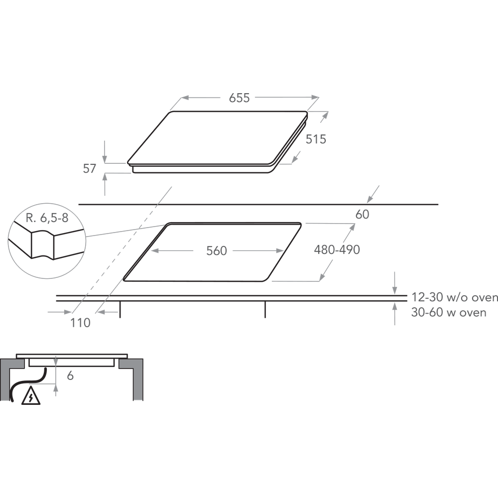 disegno tecnico kitchenaid KHIMS66500 PIANO DI COTTURA A INDUZIONE 65 CM DA INCASSO