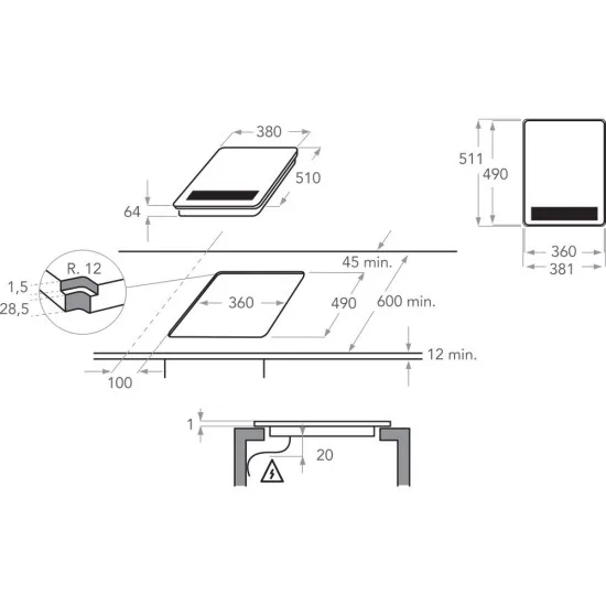 KITCHENAID PIANO COTTURA DOMINO TEPPANYAKI 38 CM disegno tecnico