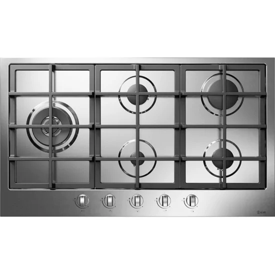 Plaque de cuisson à gaz Ilve, acier inoxydable 90 cm, 5 wok latéraux à gauche
