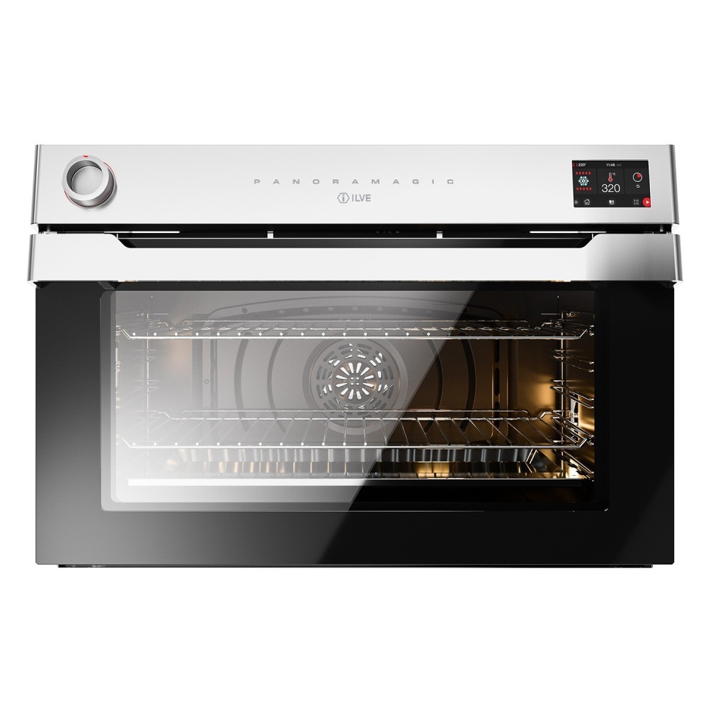 Panoramagic Edelstahl-Elektroofen von Ilve, 90 cm mit Temperatur 30–300 °C.