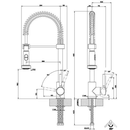 GESSI SPRING MIXER WITH PULL-OUT HAND SHOWER.