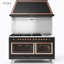 ILVE Nostalgie - 150 cm cooking with 2 ovens” : colours - s.Steel SS, HOB CONFIGURATION - Ilve 7 burners with fry top* and coup de feu, Knob and handrail finishing - Brass