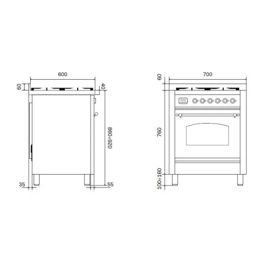 Cocina ILVE Nostalgie P07N - 70 cm con 4 Fuegos a Gas y Horno Multifunción Eléctrico 65L