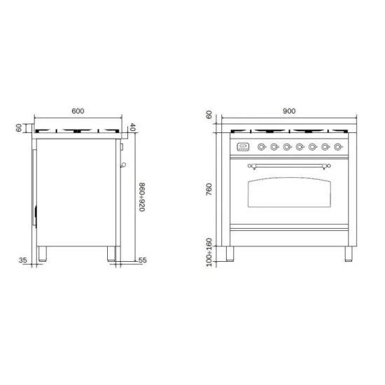 ILVE Nostalgie P09N - Konfigurierbare Küche 90 cm, 6 Gasbrenner & Profi-Multifunktionsbackofen 97L A+