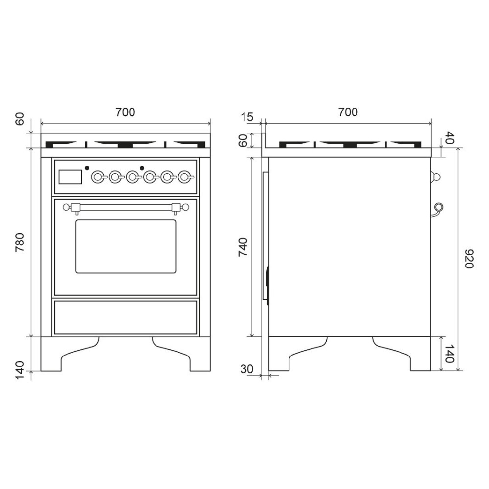 ILVE M07N – Table de cuisson libre 70 cm, 4 brûleurs gaz, four électrique TFT tactile