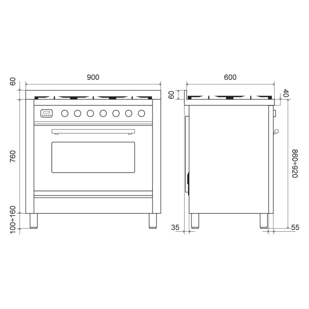 Ilve P09W kitchen: 90 cm and various colors with gas or induction.