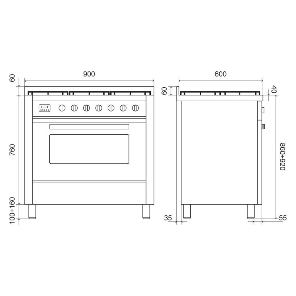 Cuisine avec plaque de cuisson gaz Ilve 90 cm en 5 couleurs.
