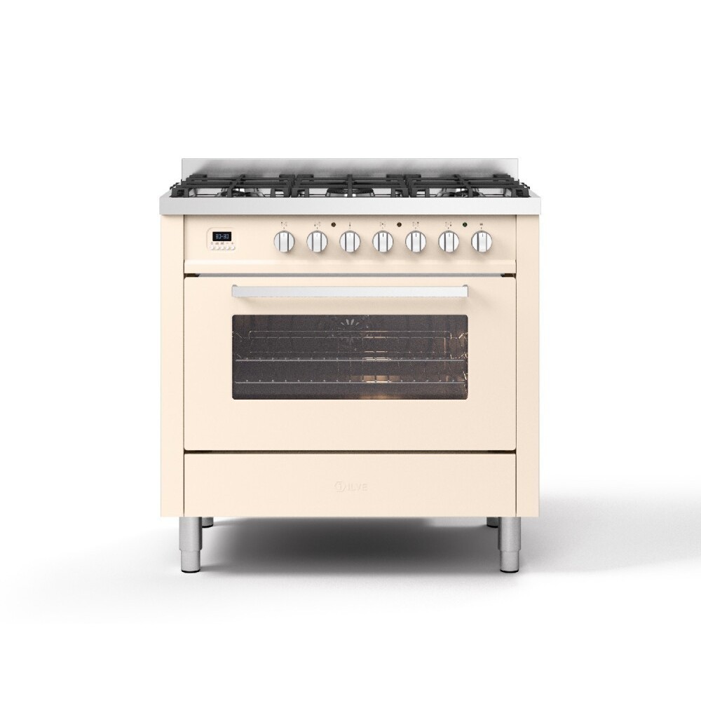 Cuisine avec plaque de cuisson gaz Ilve 90 cm en 5 couleurs.