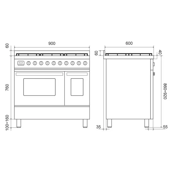 Ilve Pro Line 90cm LD09 | Inducción, Gas o Fry Top | Doble Horno