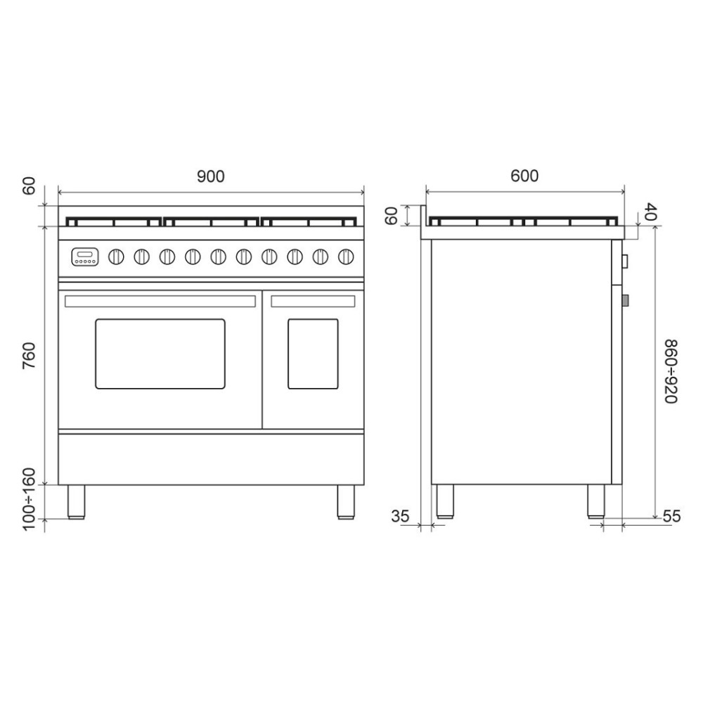 Ilve Pro Line 90cm LD09 | Induction, Gaz ou Fry Top | Double Four
