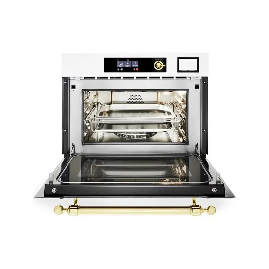 Ilve: Compact three-way oven with hot air, steam and microwave in various colours.