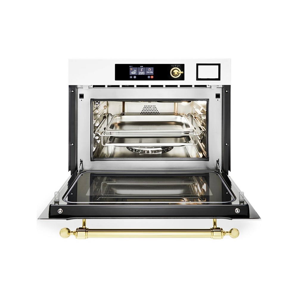 Ilve: Compact three-way oven with hot air, steam and microwave in various colours.