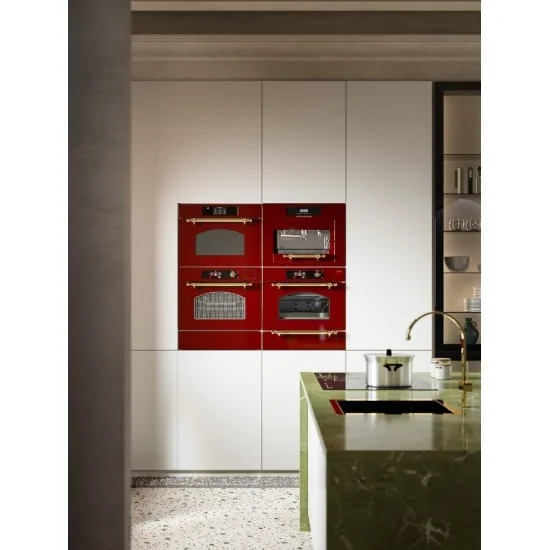 Ilve: Compact three-way oven with hot air, steam and microwave in various colours.