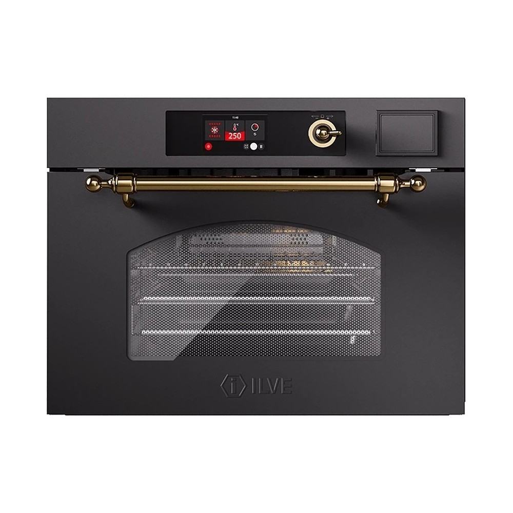Ilve: Compact three-way oven with hot air, steam and microwave in various colours.