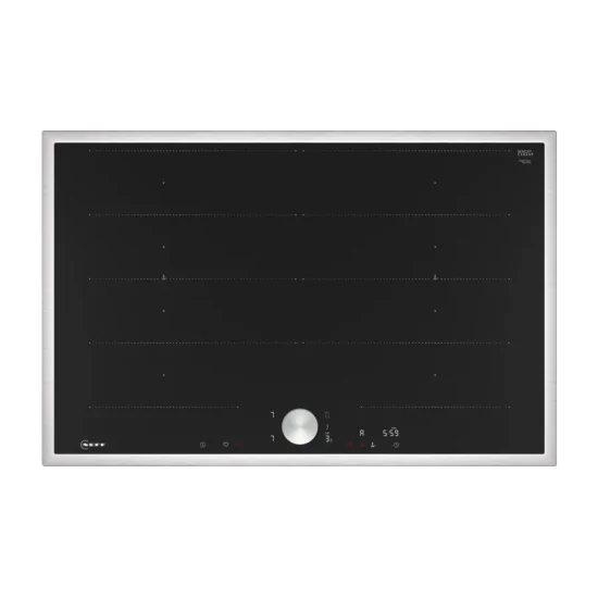 Découvrez la table de cuisson à induction lumineuse Neff FlexInduction Zone avec TwistPad avec cadre en acier inoxydable