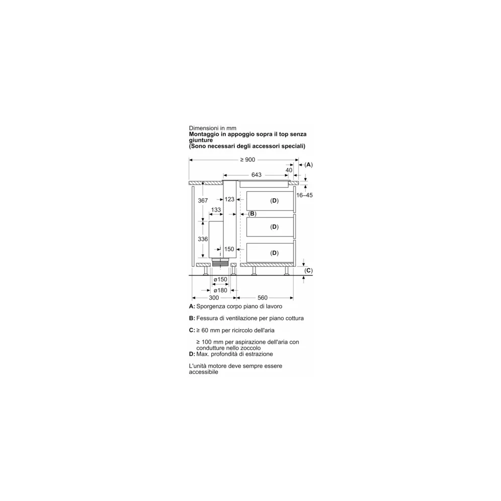 Cappa telescopiche da piano 80 cm Montaggio a filo