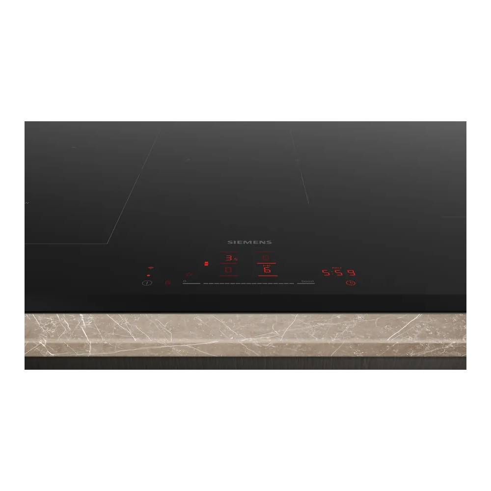 Maximale Effizienz mit Induktionskochfeld Siemens ED851HSB1E 80 cm: schwarzer Stil ohne Profile.