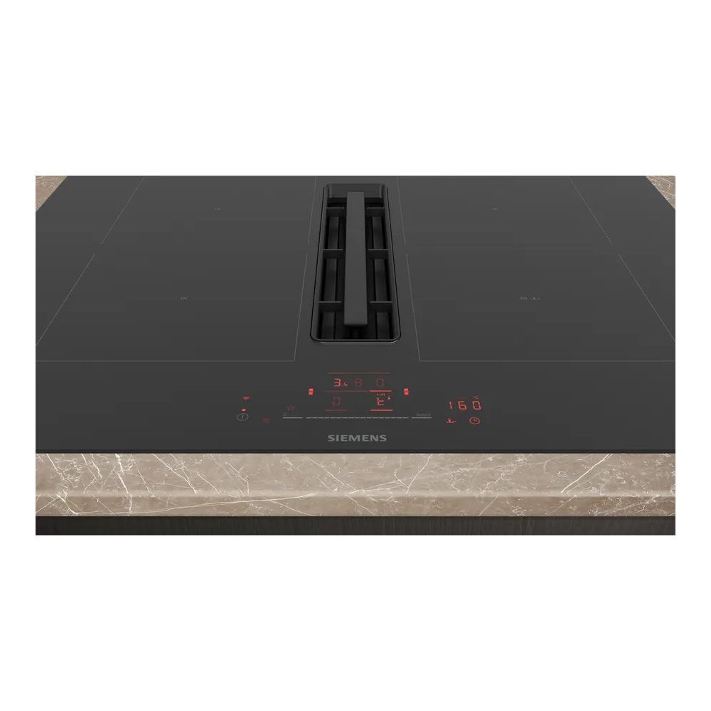 Combinación perfecta de elegancia y funcionalidad: el plano de inducción con ventilación integrada de 70 cm firmado Siemens.