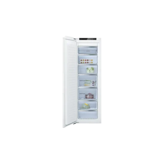 Efficacité et style : découvrez le congélateur vertical encastrable GIN81VEE0 de Bosch, dimensions compactes 177,2 x 55,8 cm et