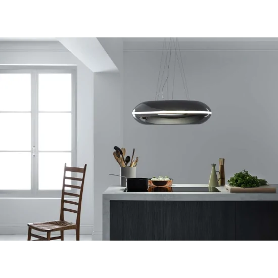 The sophisticated elegance of the 74 cm Loop suspended hood in gunmetal white and stainless steel - the ideal choice for Falmec.