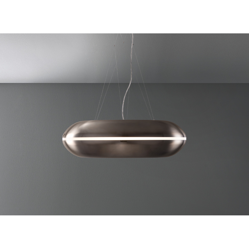 The sophisticated elegance of the 74 cm Loop suspended hood in gunmetal white and stainless steel - the ideal choice for Falmec.