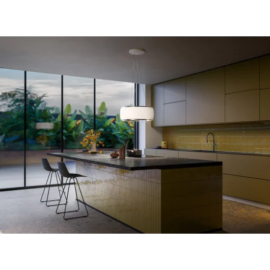 Hotte suspendue Soffio Falmec : design élégant et fonctionnalité supérieure pour votre cuisine en verre blanc satiné 58 cm