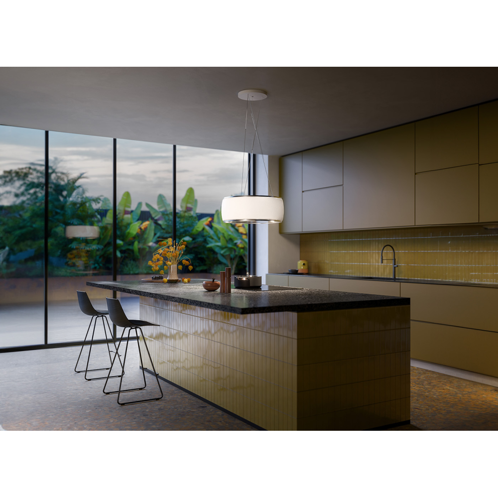 Cappa sospesa Soffio Falmec: design elegante e funzionalità superiore per la tua cucina in vetro bianco satinato 58 cm