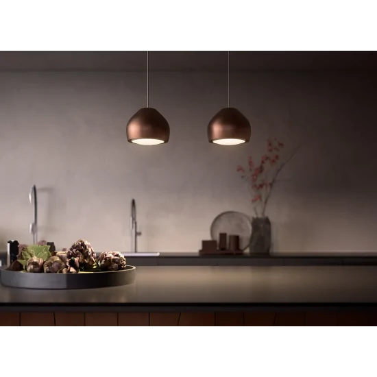 Sophie: the 54 cm ceiling-suspended hood in white, brass, pewter and anthracite - the touch of refinement signed by Falmec