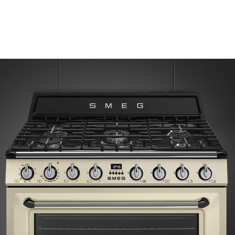 Explore the beautiful elegance of Smeg TR90P2: Victoria kitchen 90x60 cm with electric oven and gas cooker in cream.