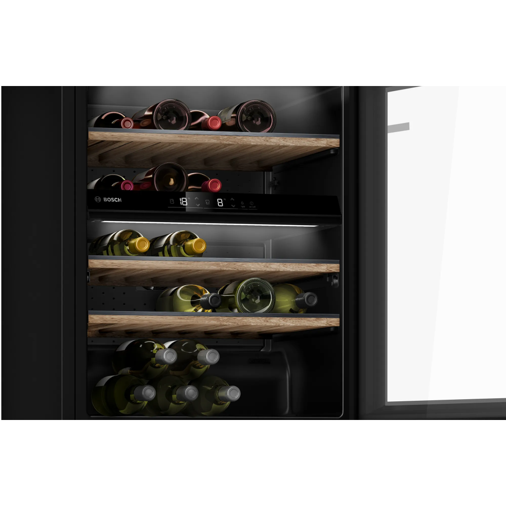Impeccable tasting experience with the Bosch KWK16ABGB Black Frame Wine Cellar: 2 adjustable zones for perfect temperature.