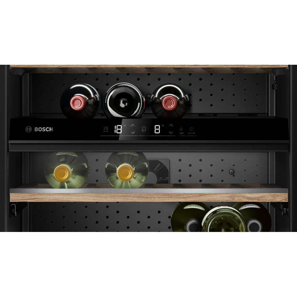 Impeccable tasting experience with the Bosch KWK16ABGB Black Frame Wine Cellar: 2 adjustable zones for perfect temperature.