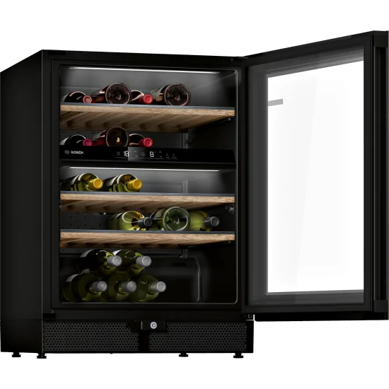Expérience de dégustation impeccable avec la cave à vin Bosch KWK16ABGB Black Frame : 2 zones réglables pour une température par