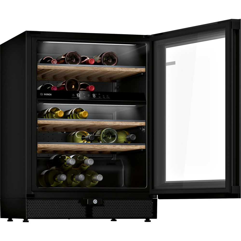 Impeccable tasting experience with the Bosch KWK16ABGB Black Frame Wine Cellar: 2 adjustable zones for perfect temperature.