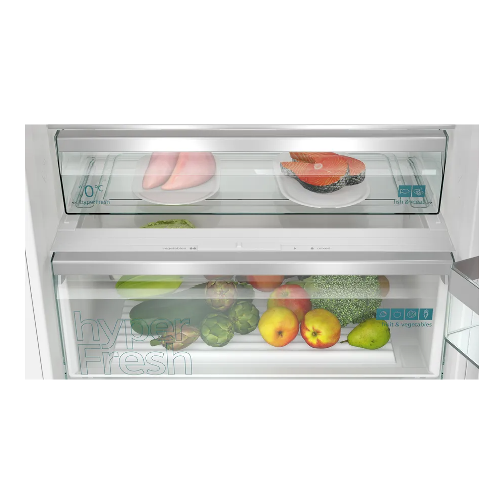 The perfect solution for uncompromising elegance: the KB96NVFE0 193.5 x 70.8 cm built-in combined refrigerator with flat hinge f