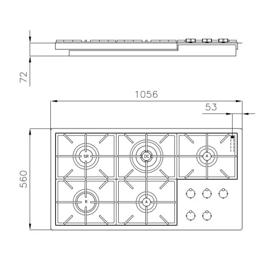 Gas cooking plan Foster Milan 120 cm, 5 Cookers, Design Filotop, Stainless Steel Brushed - Duegstore