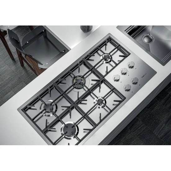 Piano Cottura a Gas Foster Milano 120 cm, 5 Fuochi, Design Filotop, Acciaio Inox Spazzolato - Duegstore