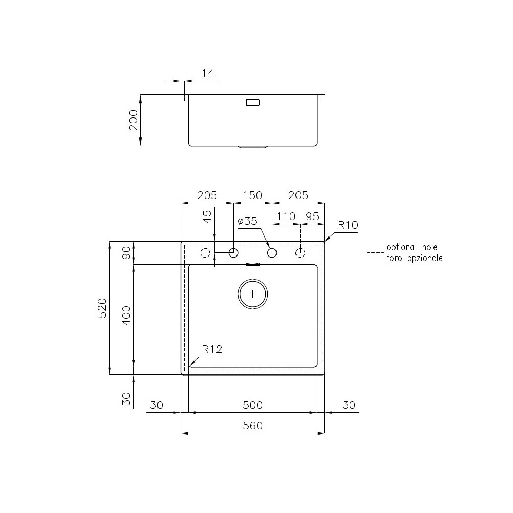 Lavello Foster 3365 050: Elegante lavello da cucina monovasca in acciaio inox AISI 304. Vasca profonda, installazione filotop o