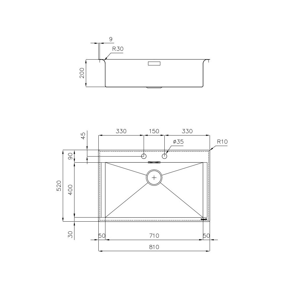 Küchenspüle Foster 80 cm, modernes Design, Gewinde, Edelstahl AISI 304