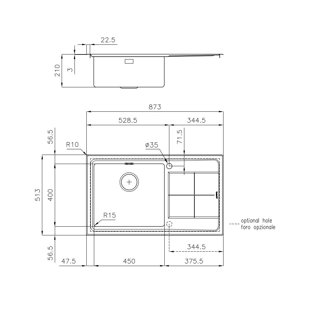 Évier de cuisine Foster 87x51 cm - Parfait pour les espaces Ampi, acier inoxydable de qualité