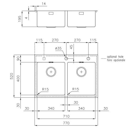 Foster 2279 050 - Кухонная мойка с 2 чашами, нержавеющая сталь, основание 80 см