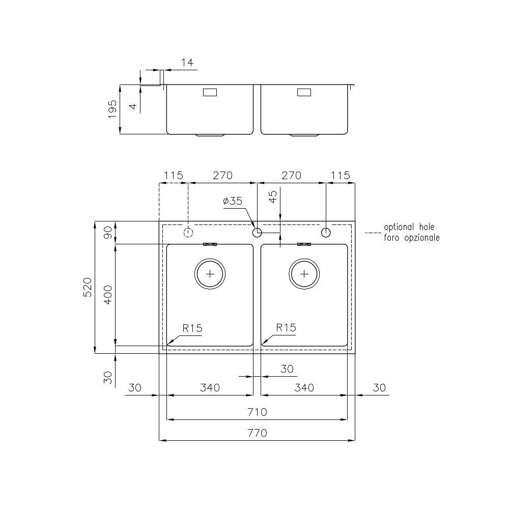 Foster 2279 050 - Kitchen sink 2 basins, Stainless steel, Base 80 cm