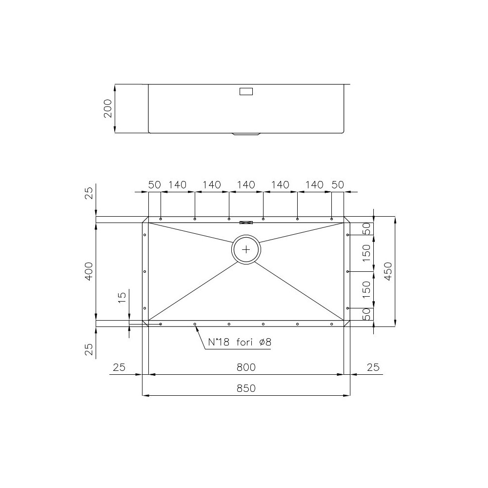 Foster 1218 850: Lavello monovasca sottotop in acciaio inox AISI 304