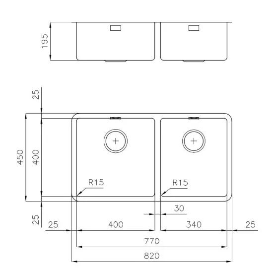 Double sink Foster, stainless steel 1mm, subtop, base 90cm
