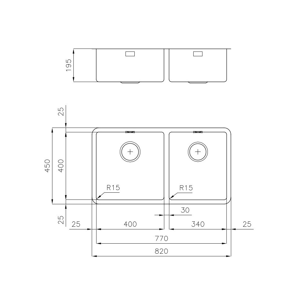 Double sink Foster, stainless steel 1mm, subtop, base 90cm