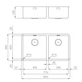 Lavello doppio Foster, acciaio inox 1mm, sottotop, base 90cm