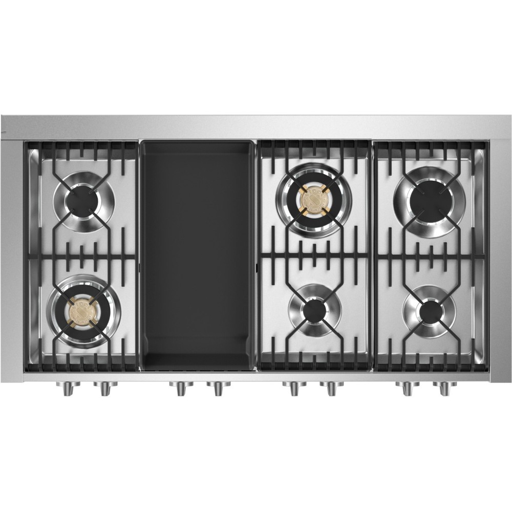 Genesi 120 G12SF kitchen with 2 Combi-Steam electric ovens and Brass gas burners.