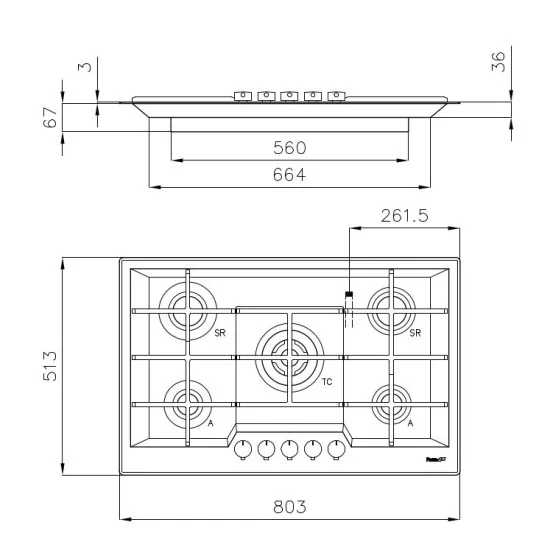 Foster 7601 032 - Газовая варочная панель 80 см, тройная корона, чугунные решетки
