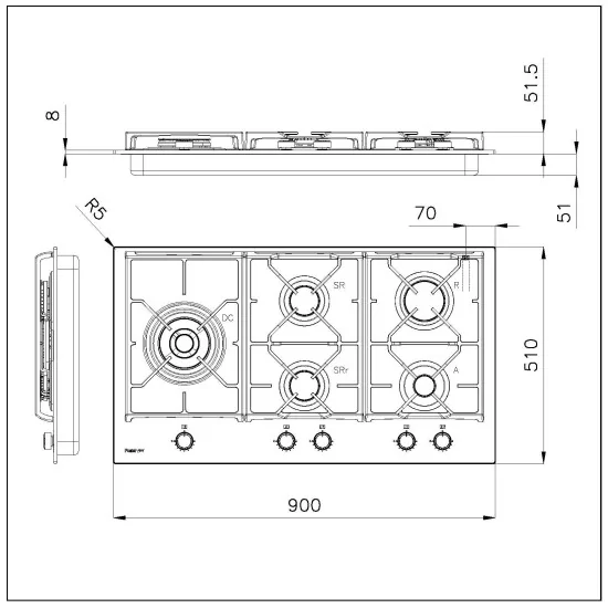 Foster 7044 632: Piano cottura a gas 90 cm, vetro nero, doppia corona, design moderno