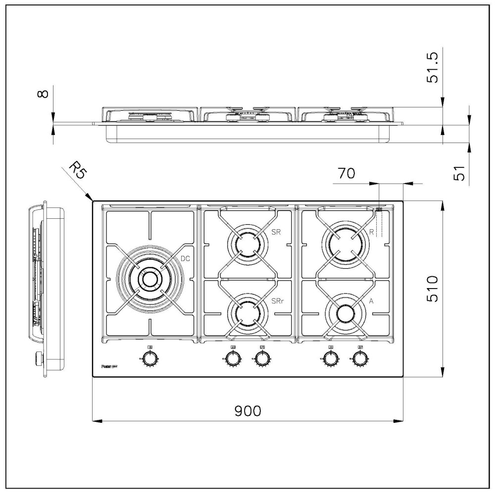 Foster 7044 632: Piano cottura a gas 90 cm, vetro nero, doppia corona, design moderno